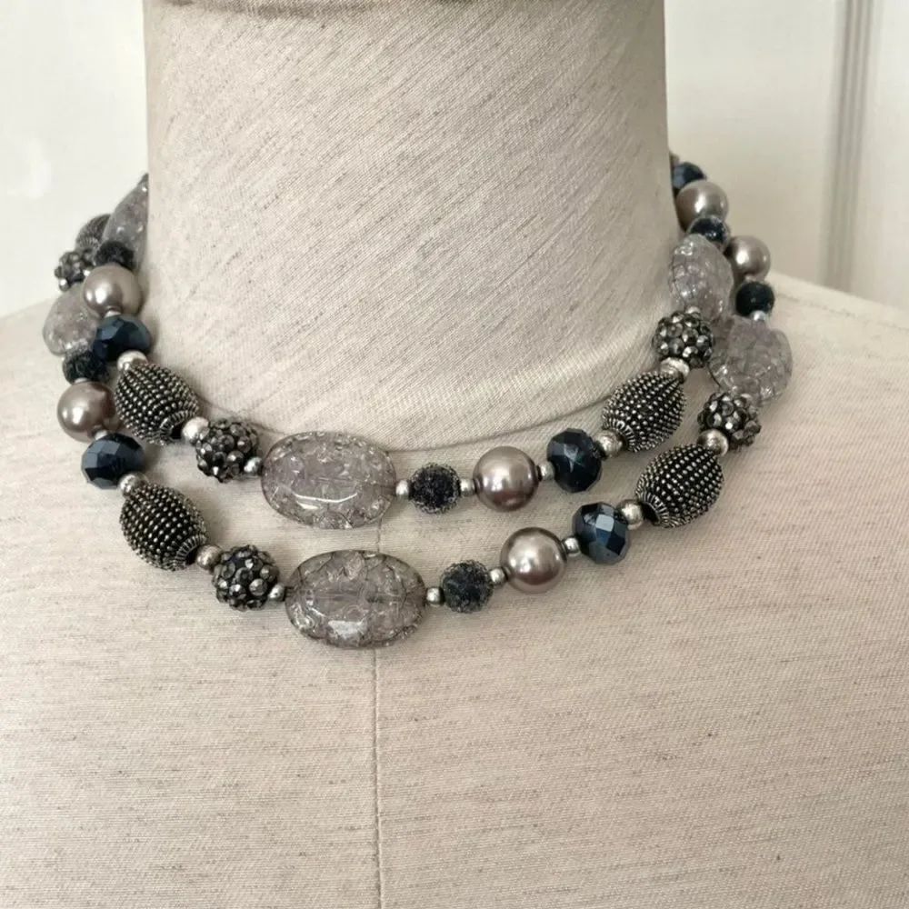 Long black and grey beaded necklace